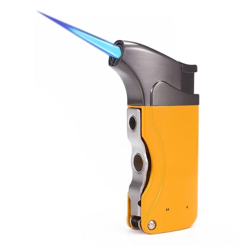 HUZHUAN Cigar Lighter, Refillable Butane Lighter with Cigar Punch, Windproof Portable Lighter, Christmas Birthday Gift (No Fuel Included)(Yellow)