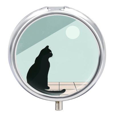 BTCOWZRV Round Pill Box with Mirror 3 Compartments Pill Organizer Portable Small Pill Case Weekly A Black Cat Sits Medecine Case for Purse, Pocket, Travel, Vitamin, Supplements, Silver