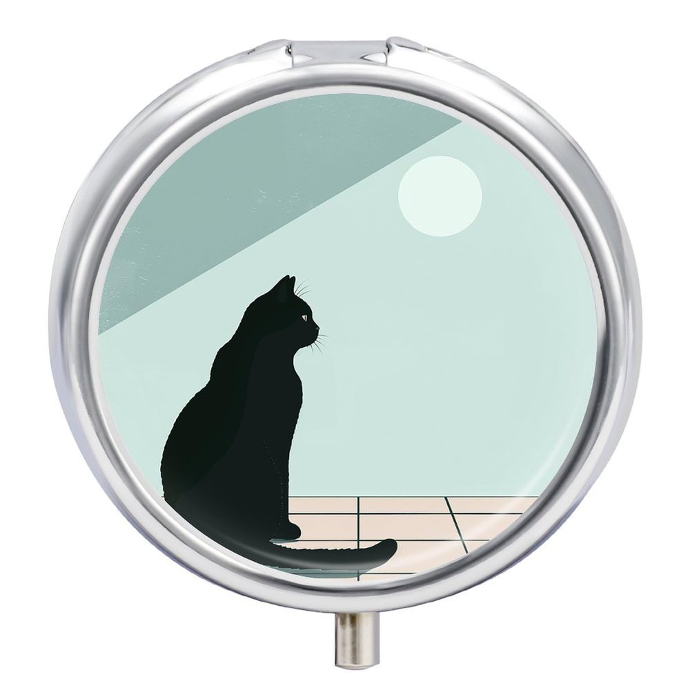 BTCOWZRV Round Pill Box with Mirror 3 Compartments Pill Organizer Portable Small Pill Case Weekly A Black Cat Sits Medecine Case for Purse, Pocket, Travel, Vitamin, Supplements, Silver