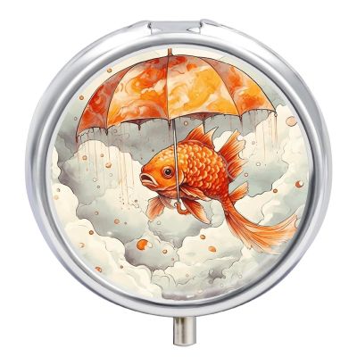 BTCOWZRV Round Pill Box with Mirror 3 Compartments Pill Organizer Portable Small Pill Case Weekly Fish Under Umbrella Medecine Case for Purse, Pocket, Travel, Vitamin, Supplements, Silver