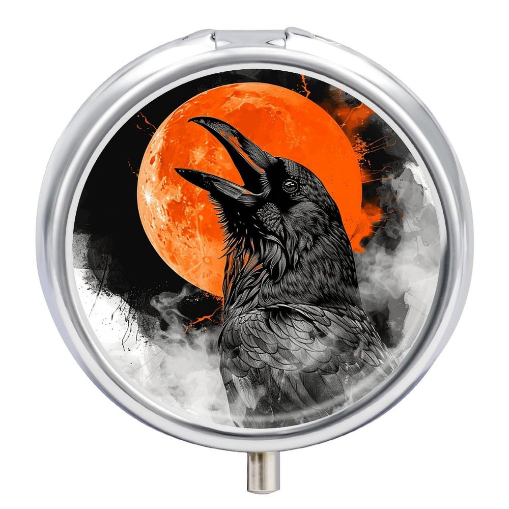 Round Pill Box with Mirror 3 Compartments Pill Organizer Portable Small Pill Case Weekly Crow Opens His Mouth Medecine Case for Purse, Pocket, Travel, Vitamin, Supplements