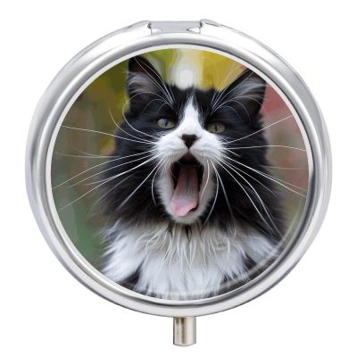 Round Pill Box with Mirror 3 Compartments Pill Organizer Portable Small Pill Case Weekly Black and White Cat Medecine Case for Purse, Pocket, Travel, Vitamin, Supplements