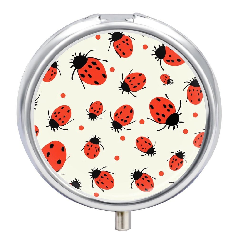 Round Pill Box with Mirror 3 Compartments Pill Organizer Portable Small Pill Case Weekly Ladybugs Pattern Infinite Speckled Medecine Case for Purse, Pocket, Travel, Vitamin, Supplements