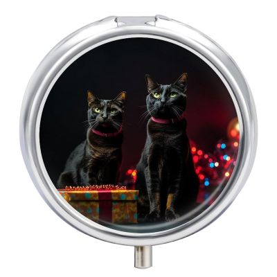BTCOWZRV Round Pill Box with Mirror 3 Compartments Pill Organizer Portable Small Pill Case Weekly Cat Sitting on Gift Box Medecine Case for Purse, Pocket, Travel, Vitamin, Supplements, Silver