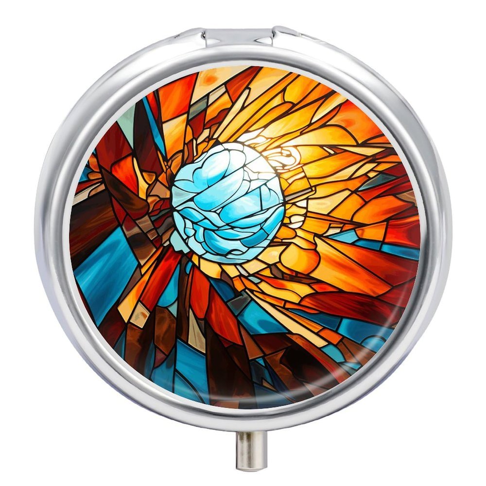 Round Pill Box with Mirror 3 Compartments Pill Organizer Portable Small Pill Case Weekly Orange and White Medecine Case for Purse, Pocket, Travel, Vitamin, Supplements
