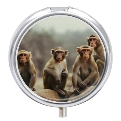 Round Pill Box with Mirror 3 Compartments Pill Organizer Portable Small Pill Case Weekly Sitting Monkey Medecine Case for Purse, Pocket, Travel, Vitamin, Supplements