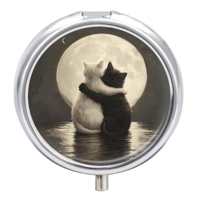 BTCOWZRV Round Pill Box with Mirror 3 Compartments Pill Organizer Portable Small Pill Case Weekly Cat Hugging in Water Medecine Case for Purse, Pocket, Travel, Vitamin, Supplements, Silver