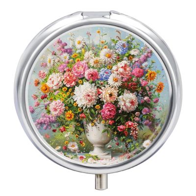 Round Pill Box with Mirror 3 Compartments Pill Organizer Portable Small Pill Case Weekly A White Vase Medecine Case for Purse, Pocket, Travel, Vitamin, Supplements
