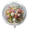 Round Pill Box with Mirror 3 Compartments Pill Organizer Portable Small Pill Case Weekly A White Vase Medecine Case for Purse, Pocket, Travel, Vitamin, Supplements view 1
