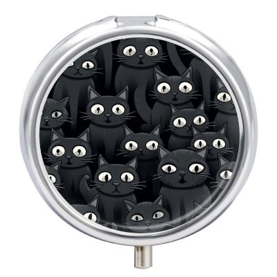 Round Pill Box with Mirror 3 Compartments Pill Organizer Portable Small Pill Case Weekly Big Eyes Cat Medecine Case for Purse, Pocket, Travel, Vitamin, Supplements