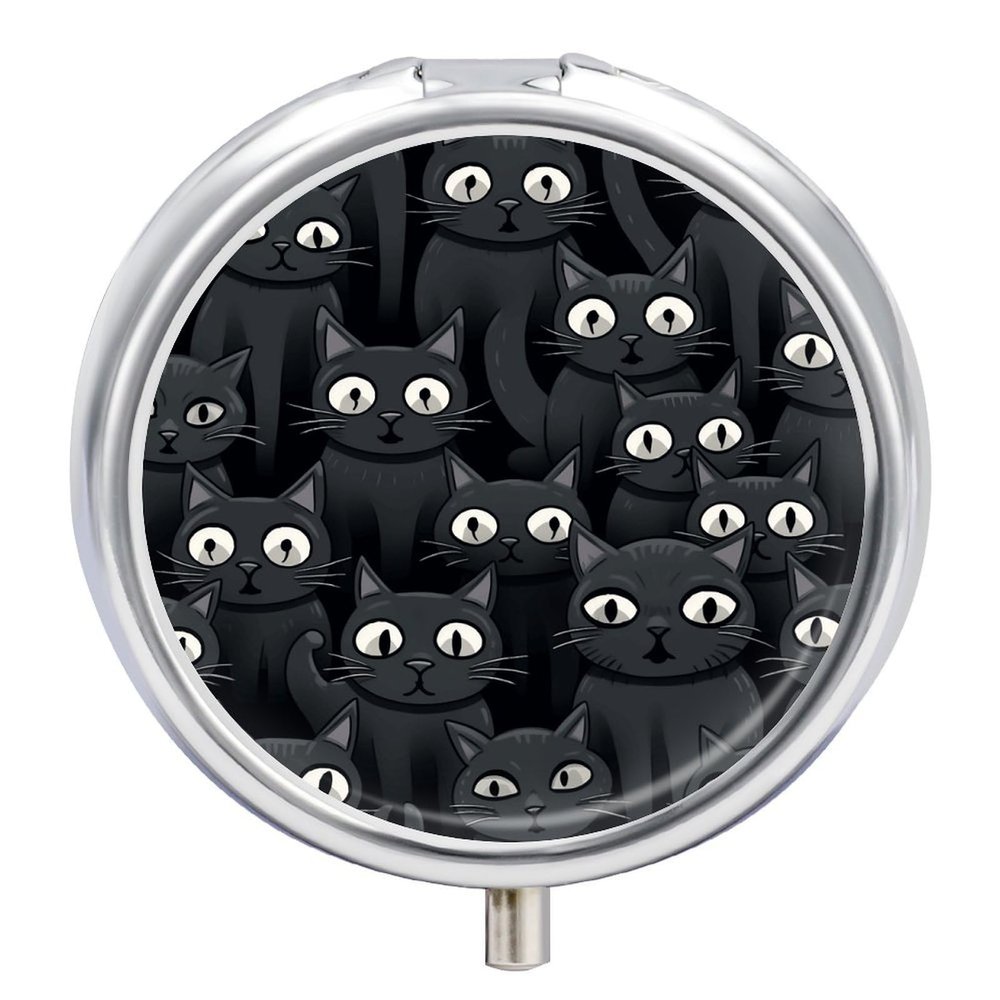 Round Pill Box with Mirror 3 Compartments Pill Organizer Portable Small Pill Case Weekly Big Eyes Cat Medecine Case for Purse, Pocket, Travel, Vitamin, Supplements