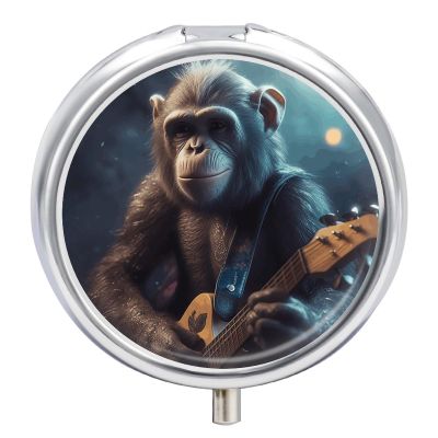 BTCOWZRV Round Pill Box with Mirror 3 Compartments Pill Organizer Portable Small Pill Case Weekly Monkey Playing Guitar Medecine Case for Purse, Pocket, Travel, Vitamin, Supplements, Silver