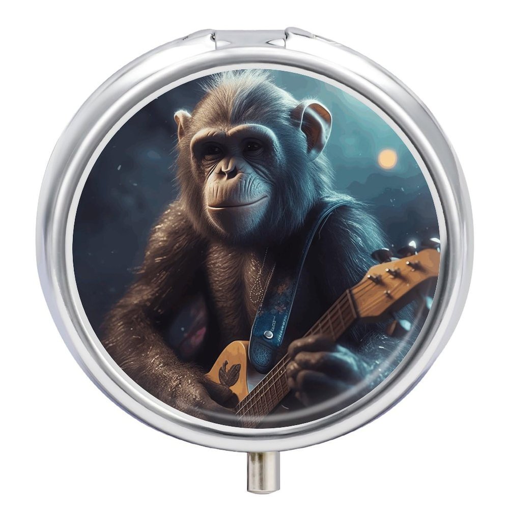 BTCOWZRV Round Pill Box with Mirror 3 Compartments Pill Organizer Portable Small Pill Case Weekly Monkey Playing Guitar Medecine Case for Purse, Pocket, Travel, Vitamin, Supplements, Silver
