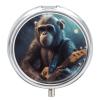 BTCOWZRV Round Pill Box with Mirror 3 Compartments Pill Organizer Portable Small Pill Case Weekly Monkey Playing Guitar Medecine Case for Purse, Pocket, Travel, Vitamin, Supplements, Silver view 1