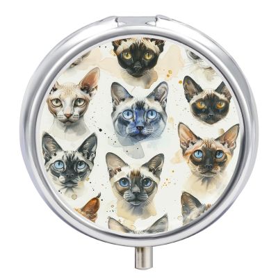 Round Pill Box with Mirror 3 Compartments Pill Organizer Portable Small Pill Case Weekly Various Cat Breeds Medecine Case for Purse, Pocket, Travel, Vitamin, Supplements