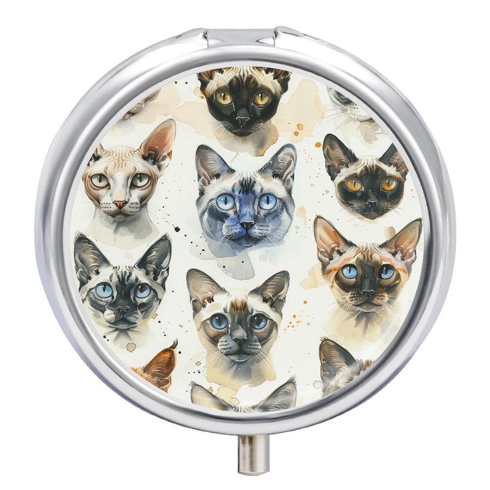 Round Pill Box with Mirror 3 Compartments Pill Organizer Portable Small Pill Case Weekly Various Cat Breeds Medecine Case for Purse, Pocket, Travel, Vitamin, Supplements