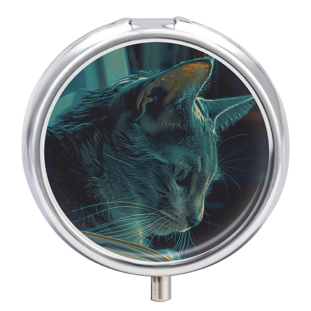 Round Pill Box with Mirror 3 Compartments Pill Organizer Portable Small Pill Case Weekly Cat Reading Book Medecine Case for Purse, Pocket, Travel, Vitamin, Supplements