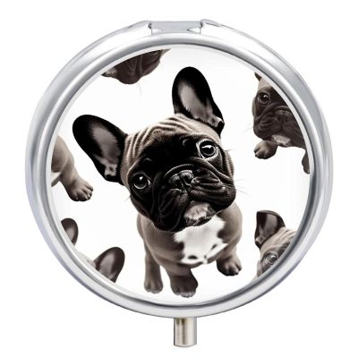 Round Pill Box with Mirror 3 Compartments Pill Organizer Portable Small Pill Case Weekly French Bulldog Medecine Case for Purse, Pocket, Travel, Vitamin, Supplements