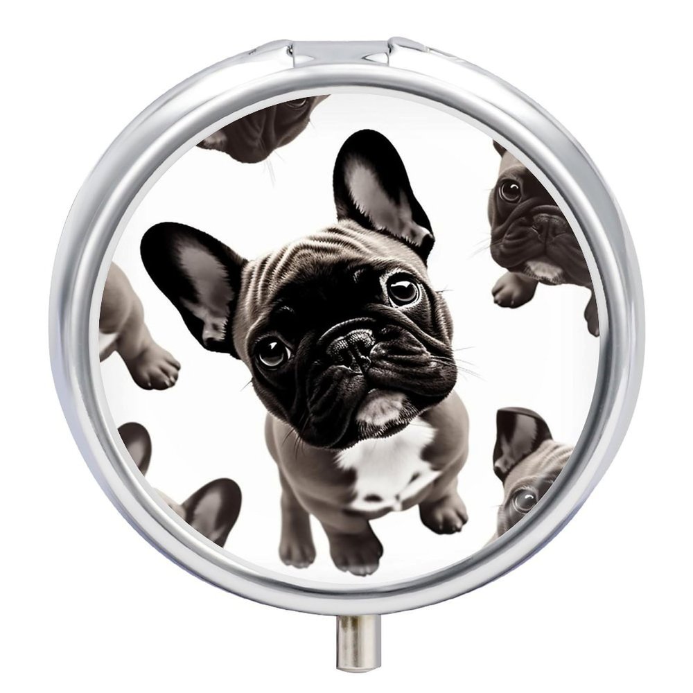 Round Pill Box with Mirror 3 Compartments Pill Organizer Portable Small Pill Case Weekly French Bulldog Medecine Case for Purse, Pocket, Travel, Vitamin, Supplements