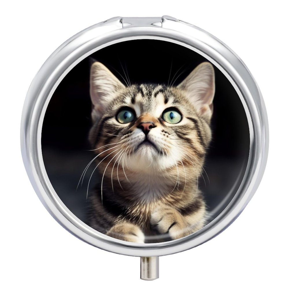 Round Pill Box with Mirror 3 Compartments Pill Organizer Portable Small Pill Case Weekly Cat Medecine Case for Purse, Pocket, Travel, Vitamin, Supplements