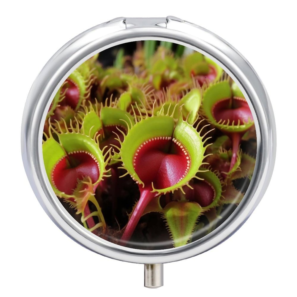 Round Pill Box with Mirror 3 Compartments Pill Organizer Portable Small Pill Case Weekly Carnivorous Plant Medecine Case for Purse, Pocket, Travel, Vitamin, Supplements