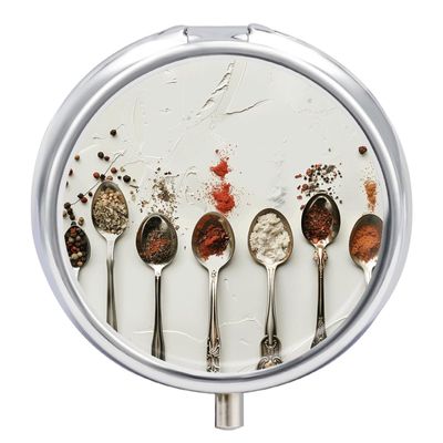 BTCOWZRV Round Pill Box with Mirror 3 Compartments Pill Organizer Portable Small Pill Case Weekly Set of Spoons Medecine Case for Purse, Pocket, Travel, Vitamin, Supplements, Silver