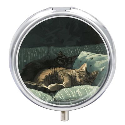 Round Pill Box with Mirror 3 Compartments Pill Organizer Portable Small Pill Case Weekly Cat Lying on The Sofa Medecine Case for Purse, Pocket, Travel, Vitamin, Supplements