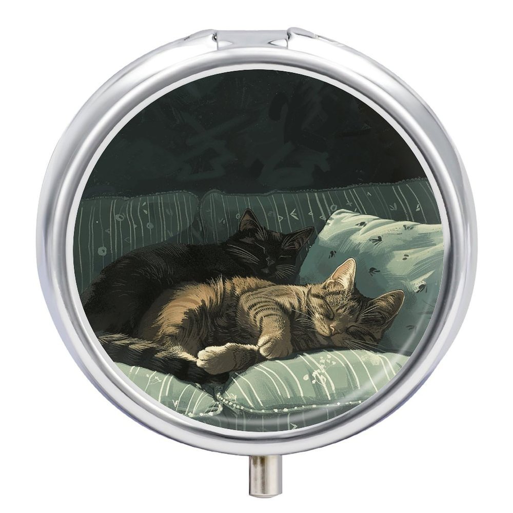 Round Pill Box with Mirror 3 Compartments Pill Organizer Portable Small Pill Case Weekly Cat Lying on The Sofa Medecine Case for Purse, Pocket, Travel, Vitamin, Supplements