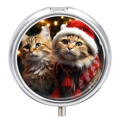 Round Pill Box with Mirror 3 Compartments Pill Organizer Portable Small Pill Case Weekly Christmas Cat Medecine Case for Purse, Pocket, Travel, Vitamin, Supplements