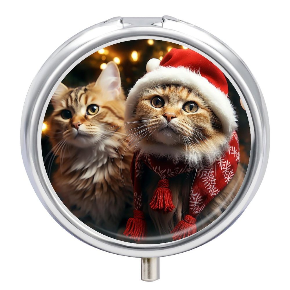 Round Pill Box with Mirror 3 Compartments Pill Organizer Portable Small Pill Case Weekly Christmas Cat Medecine Case for Purse, Pocket, Travel, Vitamin, Supplements