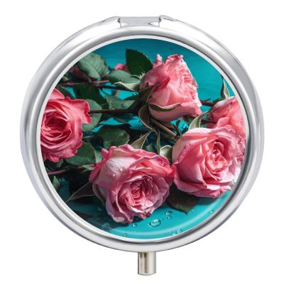 Round Pill Box with Mirror 3 Compartments Pill Organizer Portable Small Pill Case Weekly Roses on Table Medecine Case for Purse, Pocket, Travel, Vitamin, Supplements