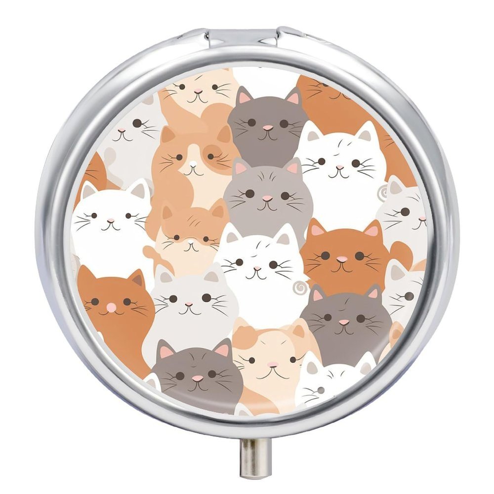 Round Pill Box with Mirror 3 Compartments Pill Organizer Portable Small Pill Case Weekly Orange Cats Medecine Case for Purse, Pocket, Travel, Vitamin, Supplements
