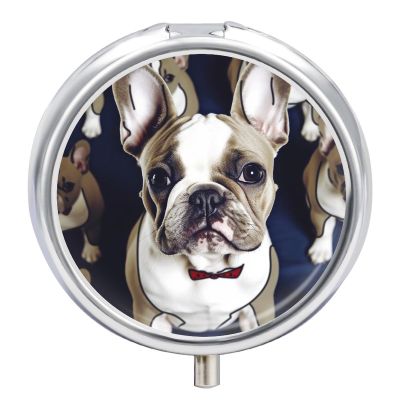Round Pill Box with Mirror 3 Compartments Pill Organizer Portable Small Pill Case Weekly Cute French Bulldog Medecine Case for Purse, Pocket, Travel, Vitamin, Supplements