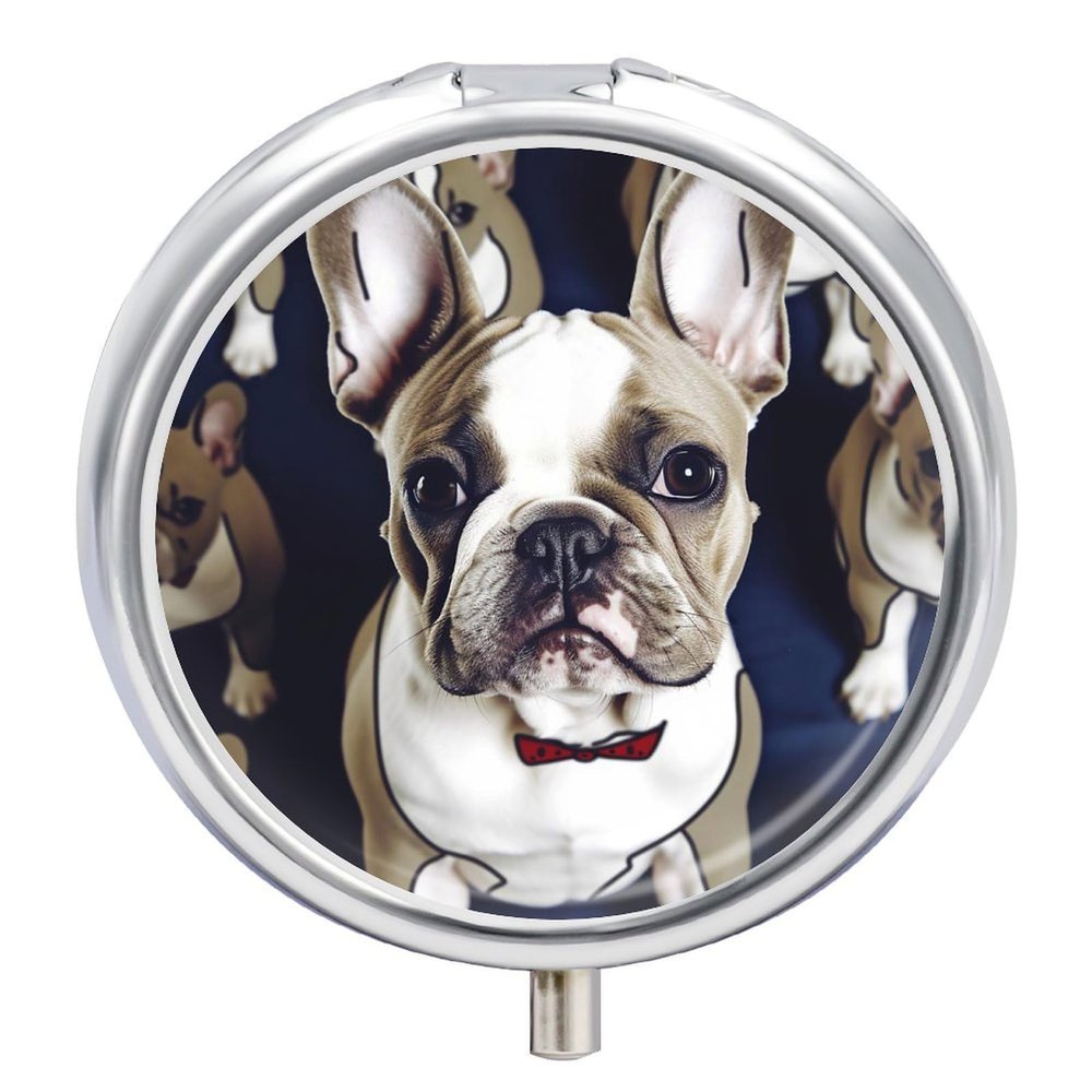 Round Pill Box with Mirror 3 Compartments Pill Organizer Portable Small Pill Case Weekly Cute French Bulldog Medecine Case for Purse, Pocket, Travel, Vitamin, Supplements