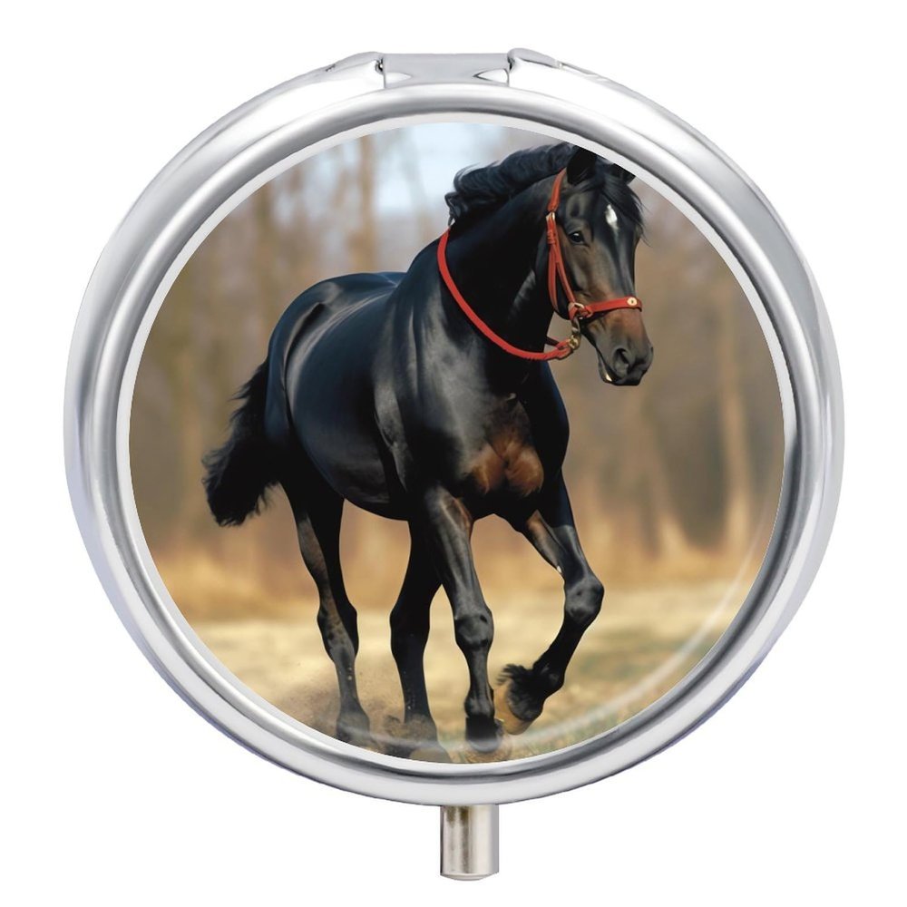 BTCOWZRV Round Pill Box with Mirror 3 Compartments Pill Organizer Portable Small Pill Case Weekly Horse on Lawn Medecine Case for Purse, Pocket, Travel, Vitamin, Supplements, Silver