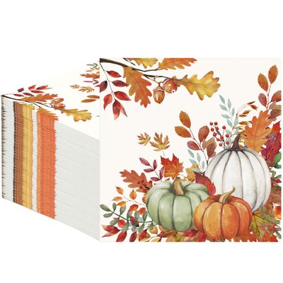 100 PCS Fall Pumpkin Paper Napkins Watercolor Autumn Luncheon Napkins Disposable Pumpkins Maple Leaves Dinner Party Napkin for Autumn Thanksgiving Harvest Decoration, 6.5 x 6.5 Inch