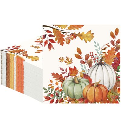 50 PCS Fall Pumpkin Paper Napkins Watercolor Autumn Luncheon Napkins Disposable Pumpkins Maple Leaves Dinner Party Napkin for Autumn Thanksgiving Harvest Decoration, 6.5 x 6.5 Inch