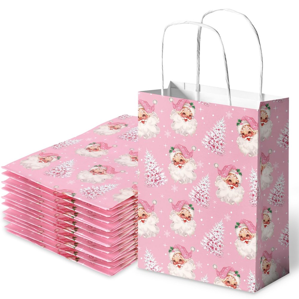 24Pcs Christmas Paper Gift Bags Pink Santa Claus Xmas Tree Party Favor Bags with Handle Goodie Candy Treat Bags for Christmas Holiday Baby Shower
