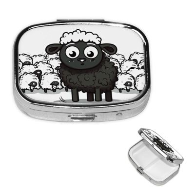 Pill Case Rectangle Pill Box with 3 Compartment Cartoon Black White Sheep Pill Organizer Waterproof Medicine Organizer Box for Travel Metal Pill Containers for Medication Planner