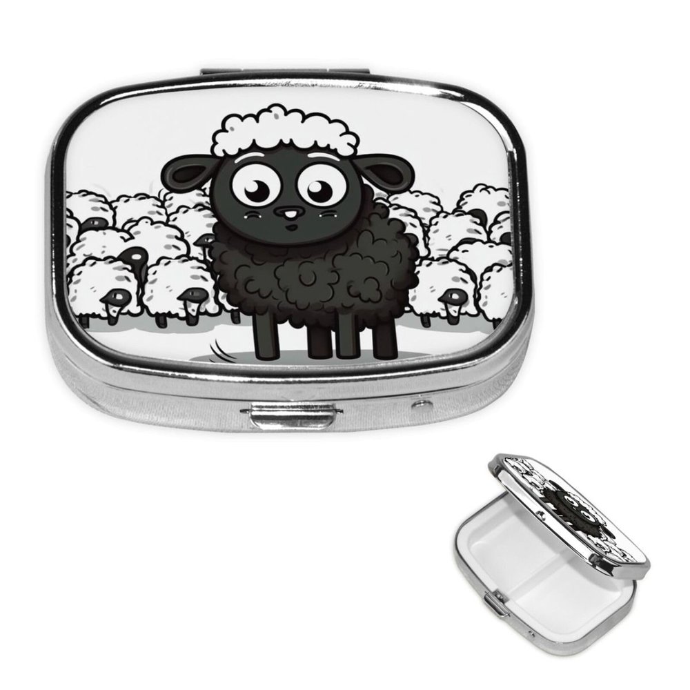 Pill Case Rectangle Pill Box with 3 Compartment Cartoon Black White Sheep Pill Organizer Waterproof Medicine Organizer Box for Travel Metal Pill Containers for Medication Planner
