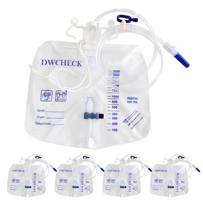 DWCHECK 5 Pack Urinary Drainage Bag with Anti-Reflux Chamber,2000mL Urine Bags with 48" Tube Drainage,Splash-Resistant Drain Spout,Clips and Hanging Hook,Disposable Urine Bags for Men