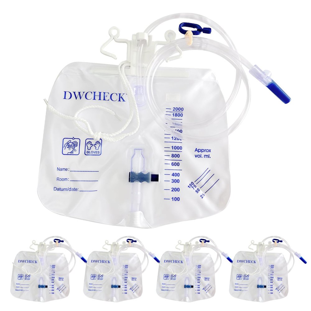 DWCHECK 5 Pack Urinary Drainage Bag with Anti-Reflux Chamber,2000mL Urine Bags with 48" Tube Drainage,Splash-Resistant Drain Spout,Clips and Hanging Hook,Disposable Urine Bags for Men