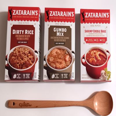 GeauxDat Cajun Favrit Foods Bundle: Zatarain's Cajun Gumbo Mix, Dirty Rice, Shrimp Creole Base, with Wooden Spoon