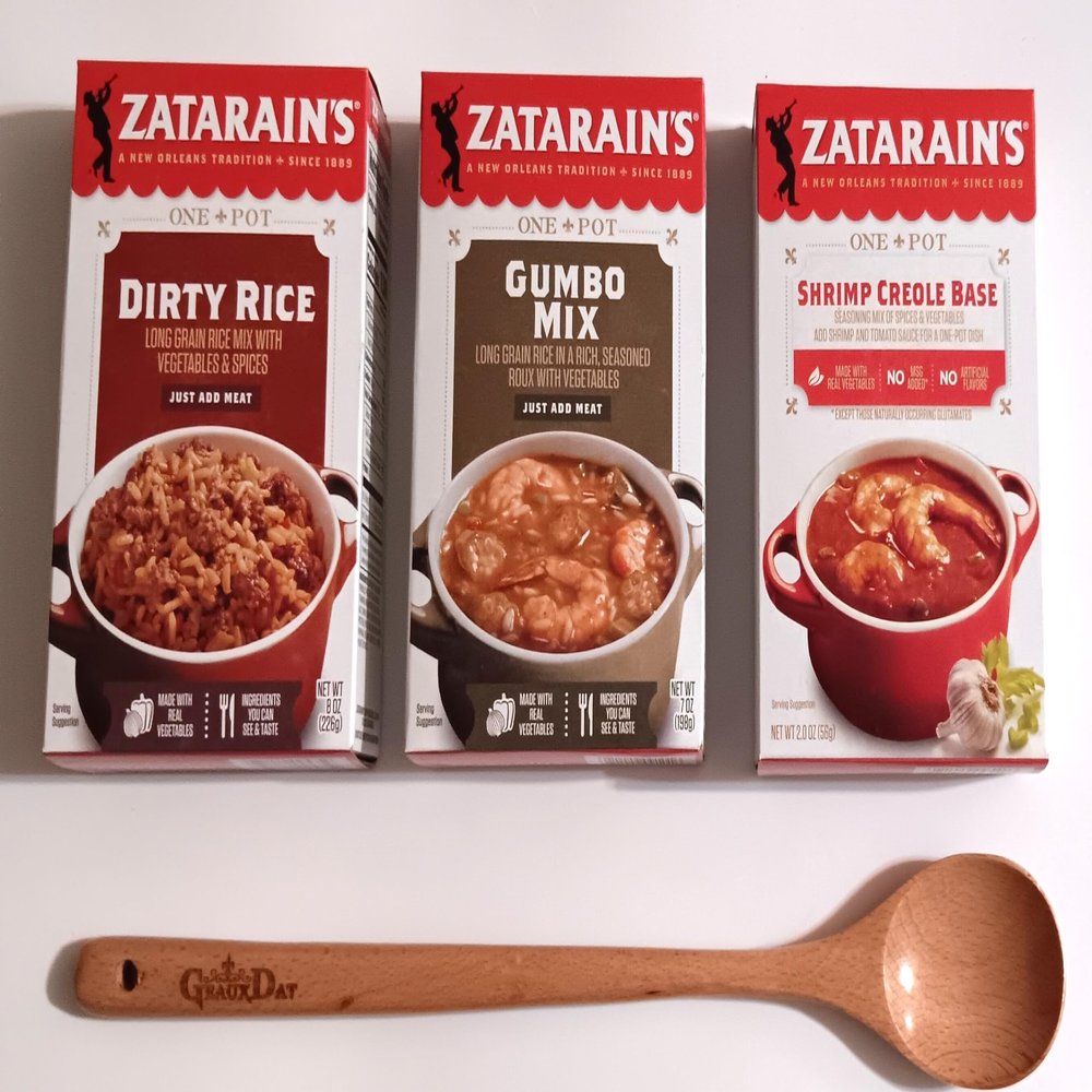 GeauxDat Cajun Favrit Foods Bundle: Zatarain's Cajun Gumbo Mix, Dirty Rice, Shrimp Creole Base, with Wooden Spoon