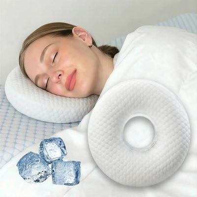 TEXSTEAD Cooling Ear Relief Pillow with Ear Piercing for Side Sleeping, Ear Hole Memory Foam Donut Pillows for Ear Pain CNH Earring Pierced Pillow, Round, White