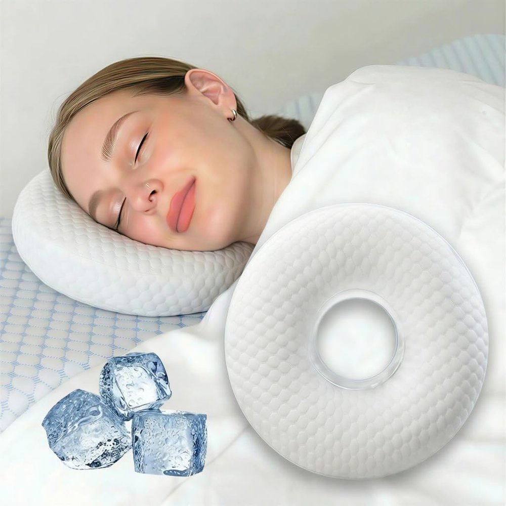TEXSTEAD Cooling Ear Relief Pillow with Ear Piercing for Side Sleeping, Ear Hole Memory Foam Donut Pillows for Ear Pain CNH Earring Pierced Pillow, Round, White