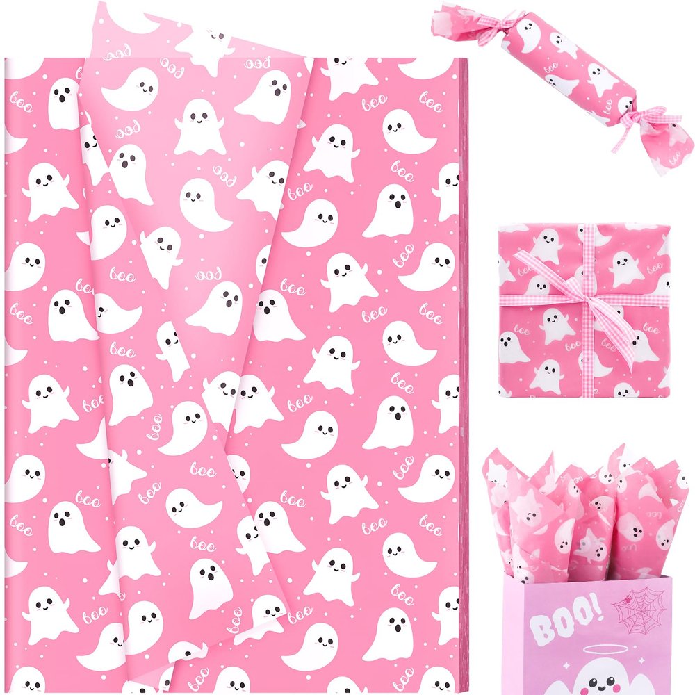 100 Sheets Pink Ghost and Boo Tissue Paper, 20 x 14in Lovely Pink Ghost Print Wrapping Tissue Cute Ghost Art Decorative Tissue for Happy Boo Day Girls Baby Shower Birthday Christmas Party Supplies