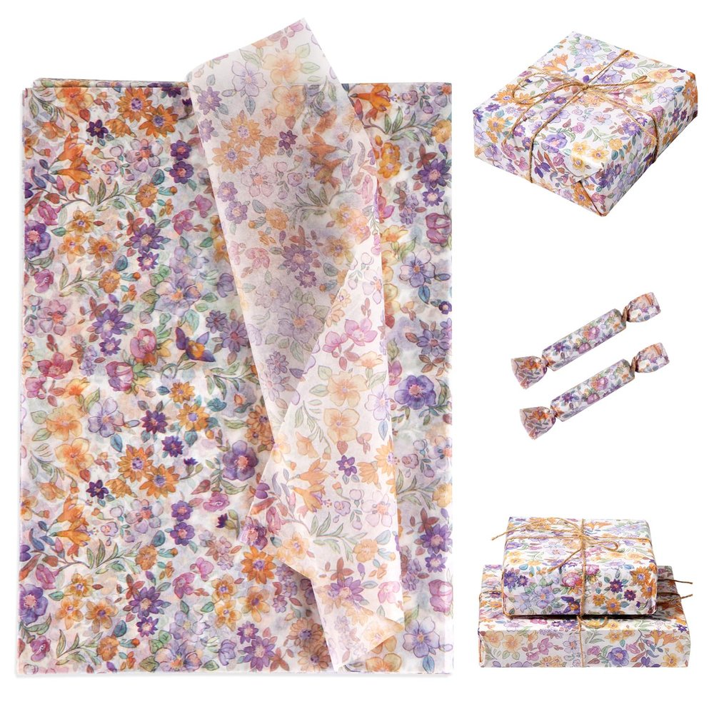30pcs Flower Printed Wrapping Paper, 13.77x19.68in Purple Floral Tissue Wrap Present Package Paper Wrapping Tissue Paper Floral Pattern Tissue Paper for Birthday Crafts Supplies Decorations
