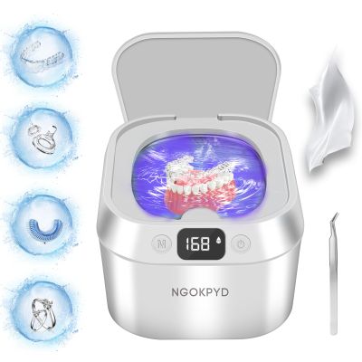 NGOKPYD Ultrasonic Retainer Cleaner for Denture - 48kHz/24W Professional UV Sonic Dental Cleaning Machine 220ML for Aligner Mouth Guards Braces Toothbrush Jewelry Ring Parts, White