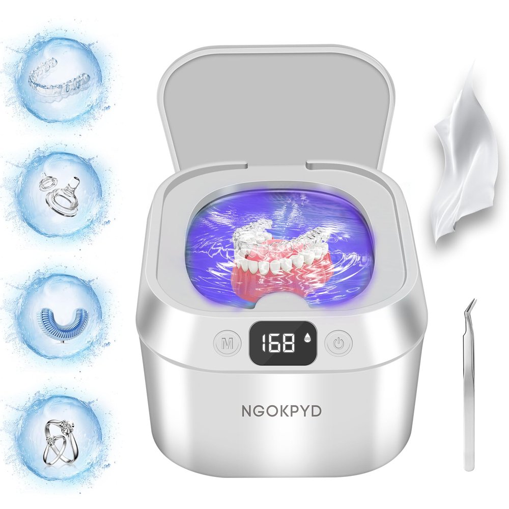 NGOKPYD Ultrasonic Retainer Cleaner for Denture - 48kHz/24W Professional UV Sonic Dental Cleaning Machine 220ML for Aligner Mouth Guards Braces Toothbrush Jewelry Ring Parts, White